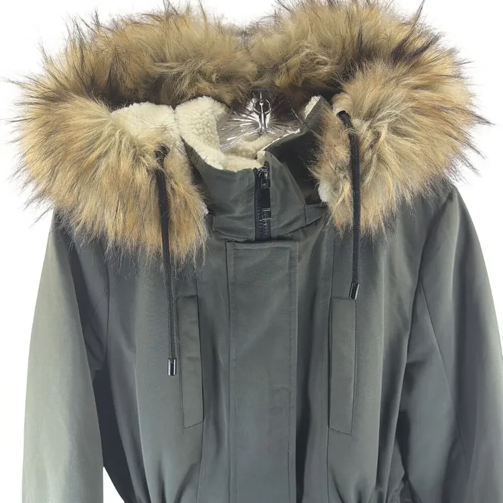 Bella Swan Faux Fur Hood Quilted Parka Coat Green Zip Jacket Womens S Nine West